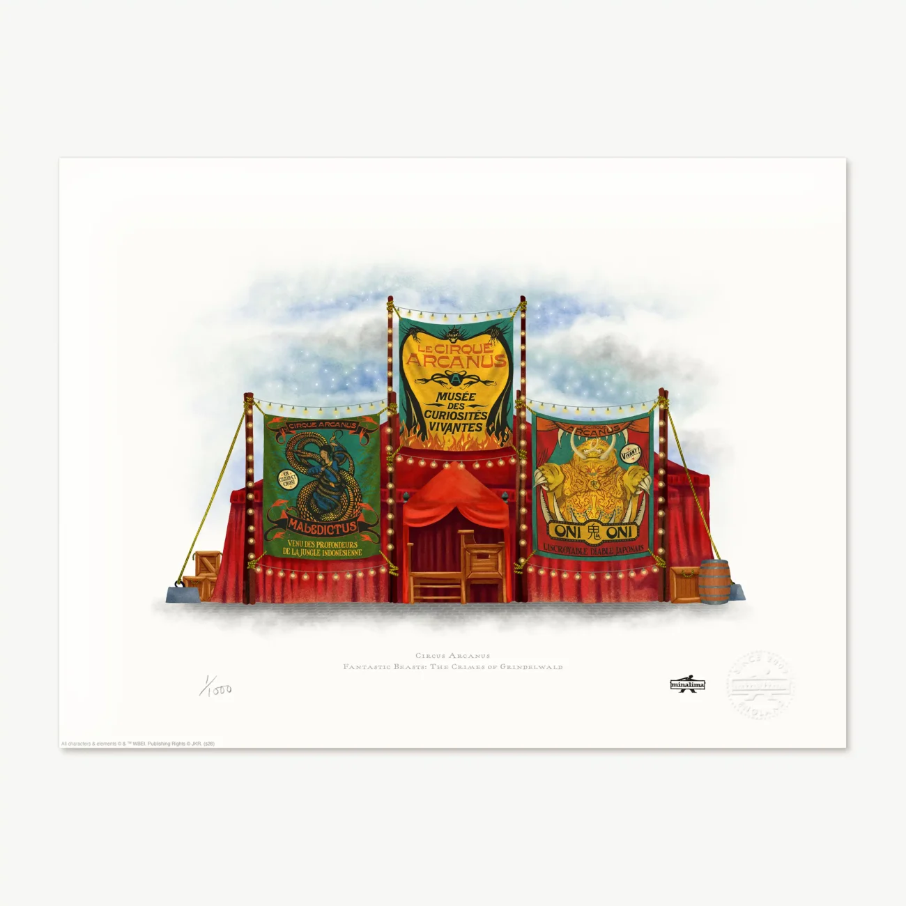 MinaLima Circus Arcanus limited-edition art print showing the circus tent with Maledictus and Oni show banners