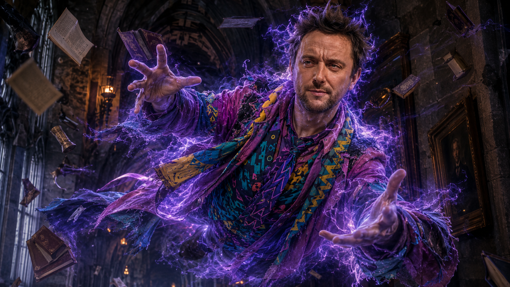AI-generated illustration imagining Peter Serafinowicz as the Hogwarts poltergeist Peeves, casting crackling purple magic in a candlelit stone corridor — not an official HBO image.