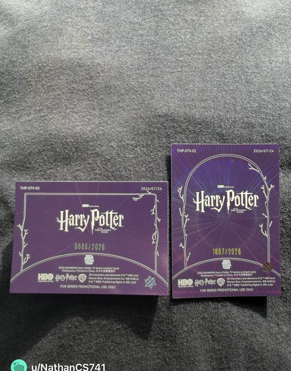 Purple card backs of two Kakawow Harry Potter TV series limited cards with serial numbers out of 2026