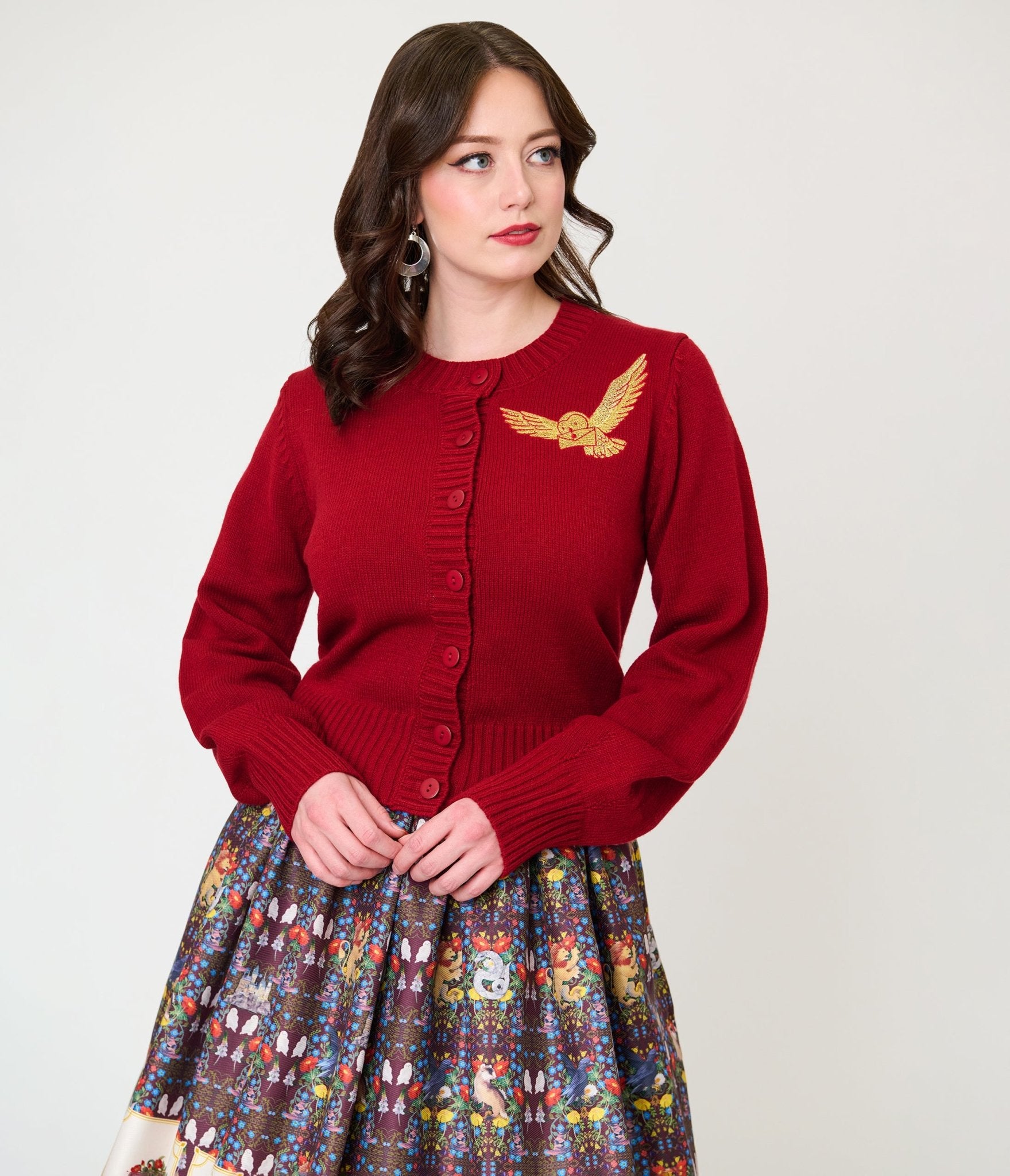 Harry Potter x Unique Vintage Burgundy Hedwig Embroidered Cropped Cardigan