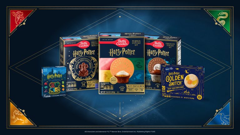 The Harry Potter product lineup from Betty Crocker and Pillsbury, including Golden Snitch Shape Cookies, Chocolate Frog Truffle Kit, Hogwarts House Pumpkin Cakes and Forbidden Forest Chocolate Cakes