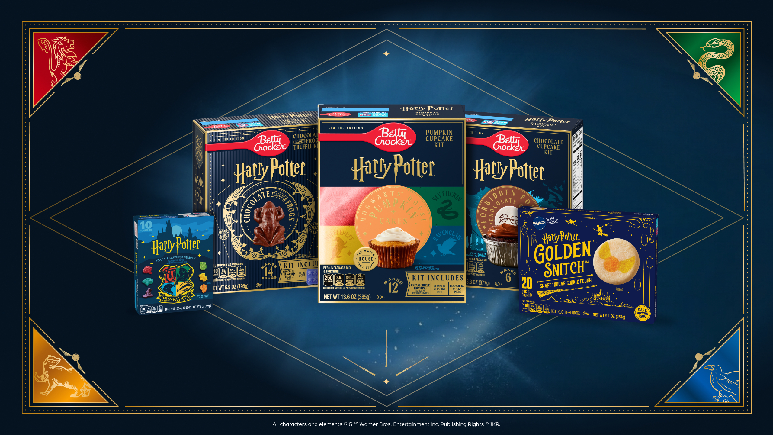 The Harry Potter product lineup from Betty Crocker and Pillsbury, including Golden Snitch Shape Cookies, Chocolate Frog Truffle Kit, Hogwarts House Pumpkin Cakes and Forbidden Forest Chocolate Cakes