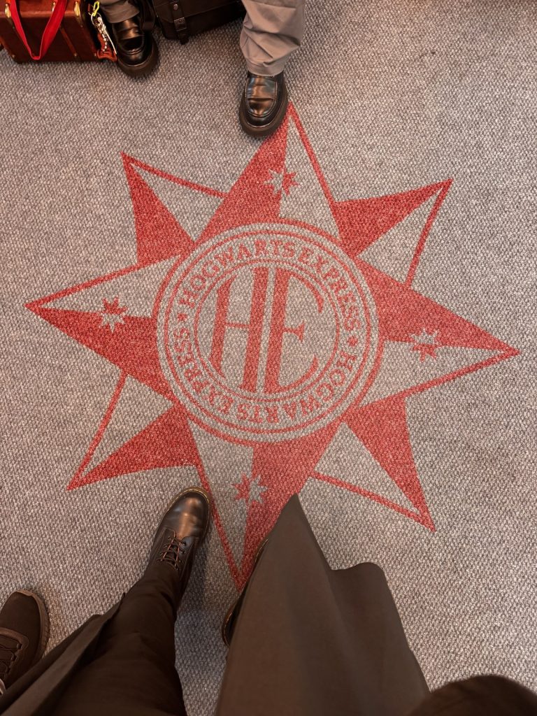 Carriage carpet printed with the Hogwarts Express logo created for the experience