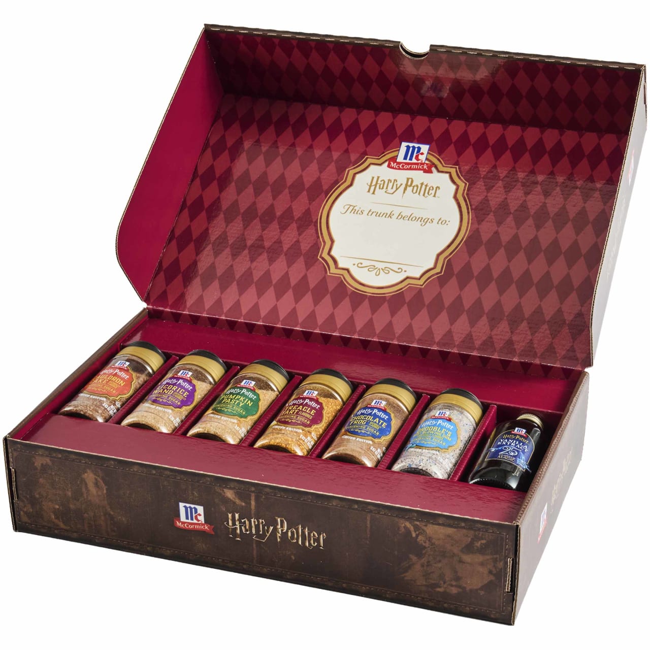 McCormick Harry Potter finishing sugars and vanilla extract displayed with the collectible trunk gift box
